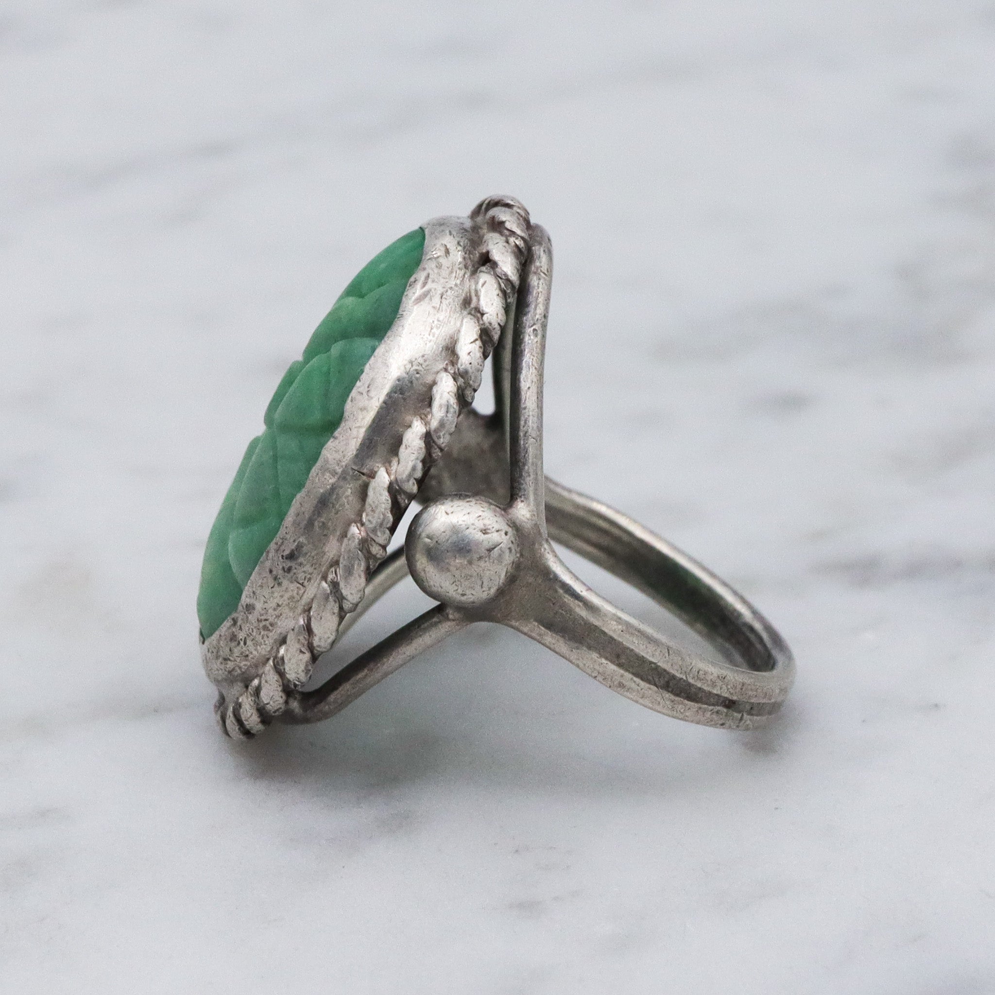 Antique Asian carved jade sterling silver ring, sz 6.75